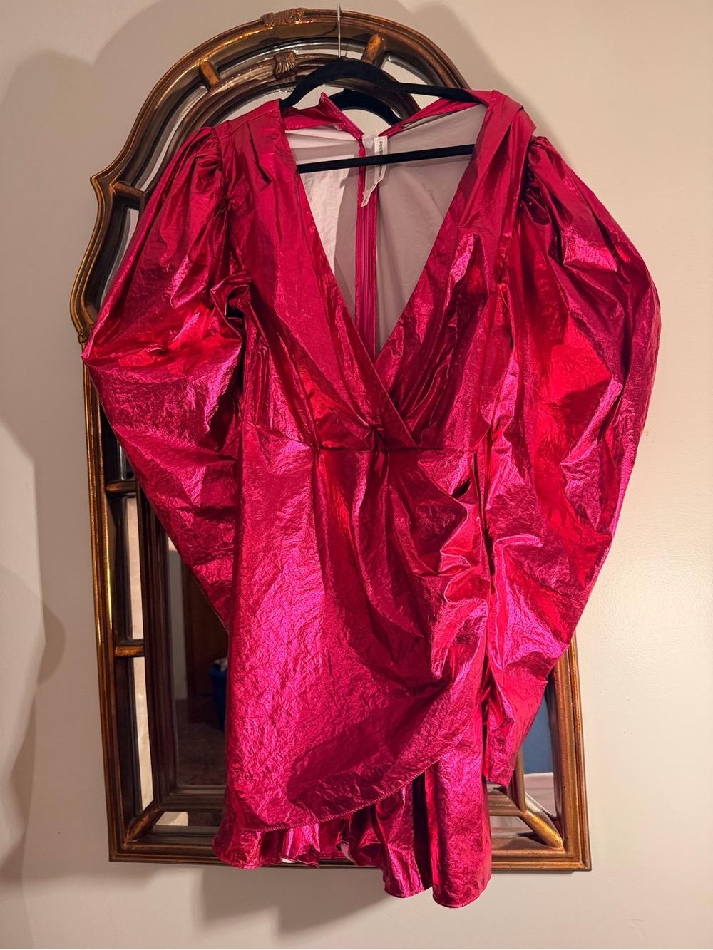 Metallic Fuchsia Puff-Sleeve Wrap Tunic